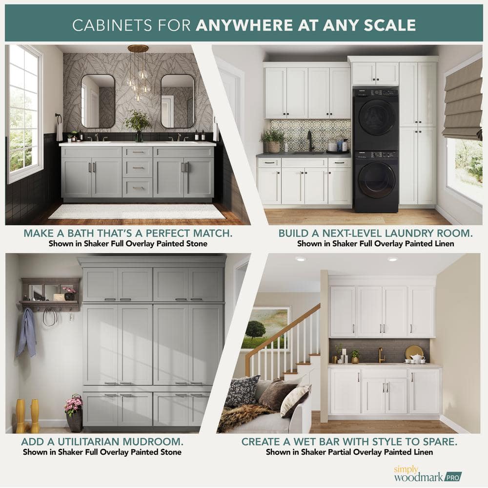 SIMPLY WOODMARK PRO Shaker Partial Overlay 36 in W x 20.75 in D x 34.5 in H Plywood Assembled Vanity Sink Base Bath Cabinet in Linen White
