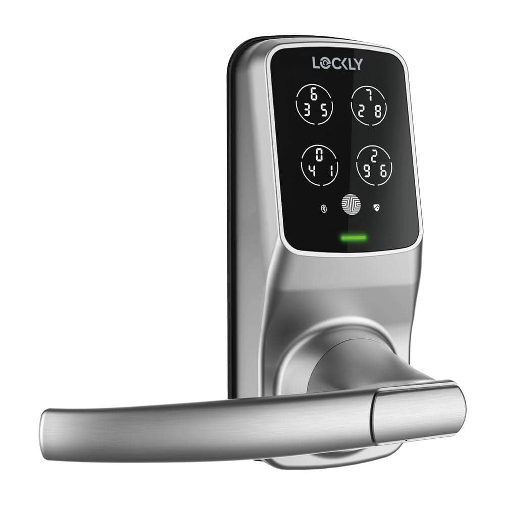 Lockly Secure Pro Satin Nickel Smart WiFi Mobile App-Controlled Lever Latch, 3D Fingerprint, Keypad, Works w/ Hey Google/Alexa