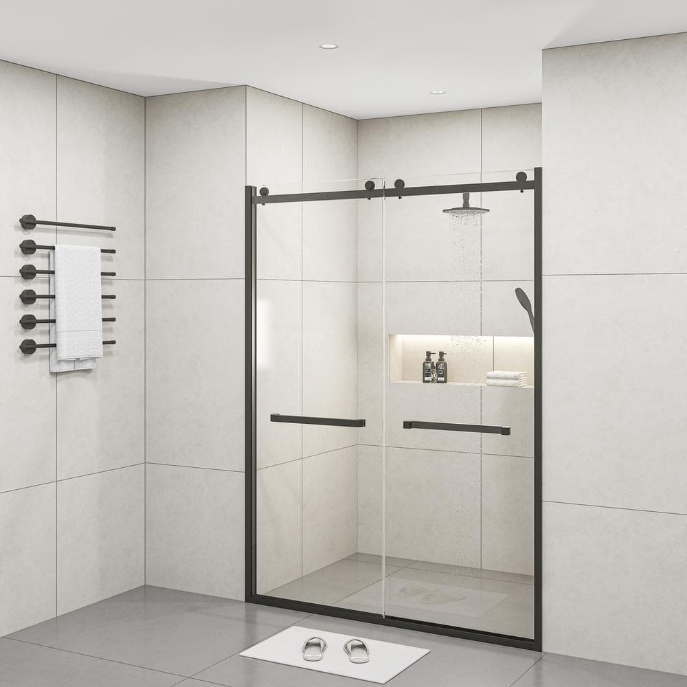 LTMATE 60 in. W x 76 in. H Double Sliding Frameless Shower Door in Matte Black Finish with Clear Glass