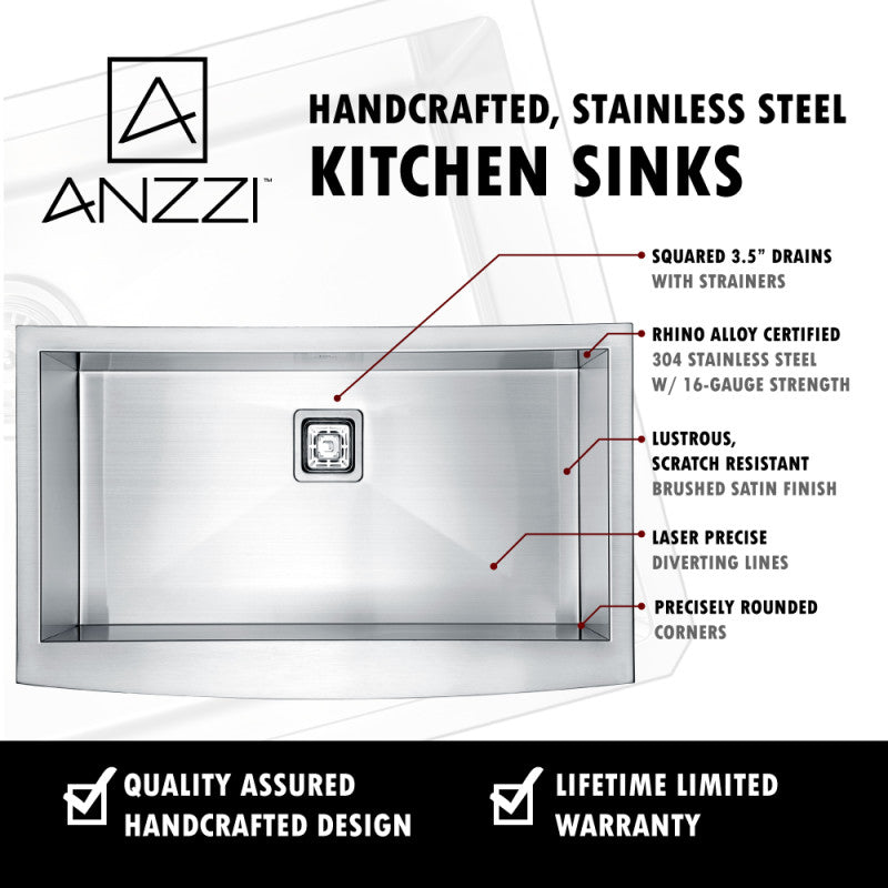 ANZZI Elysian 32.875-in x 20.75-in Satin Stainless Steel Single Bowl Farmhouse/Apron-Front Kitchen Sink All-in-One Kit with Pot Filler Faucet