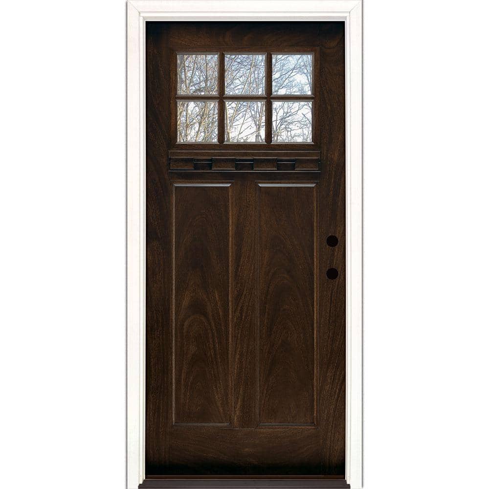 37.5 in. x 81.625 in. 6 Lite Craftsman Stained Chestnut Mahogany Left-Hand Inswing Fiberglass Prehung Front Door