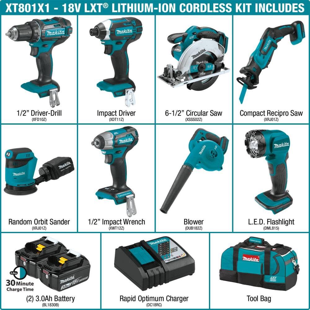 Makita 18V LXT Lithium‑Ion Cordless 8‑Piece Combo Kit (3.0Ah) – Drill, Impact Driver, Circular Saw, Recip Saw, Random Orbit Sander, Impact Wrench, Blower, LED Flashlight