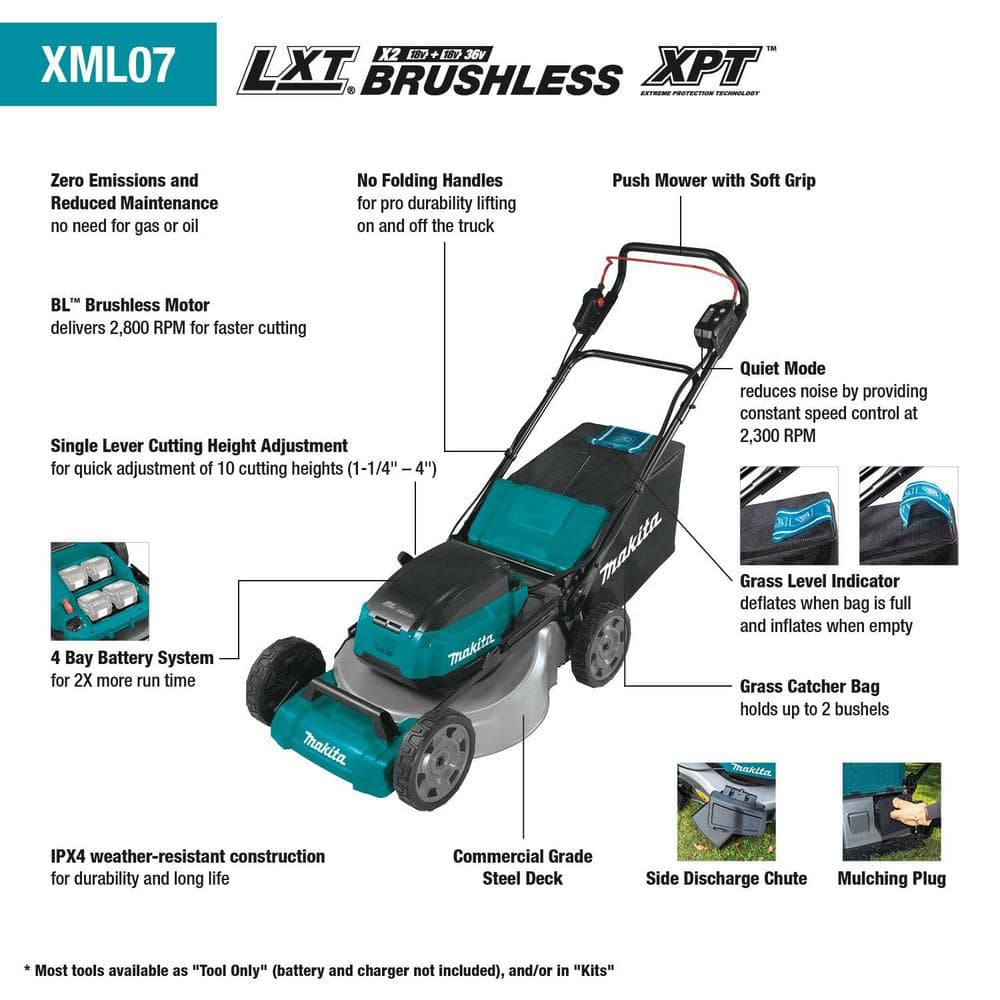 Makita 21 in. 18V X2 (36V) LXT Walk Behind Push Lawn Mower Kit with 4 Batteries (5.0 Ah) with 18V X2 (36V) LXT Blower