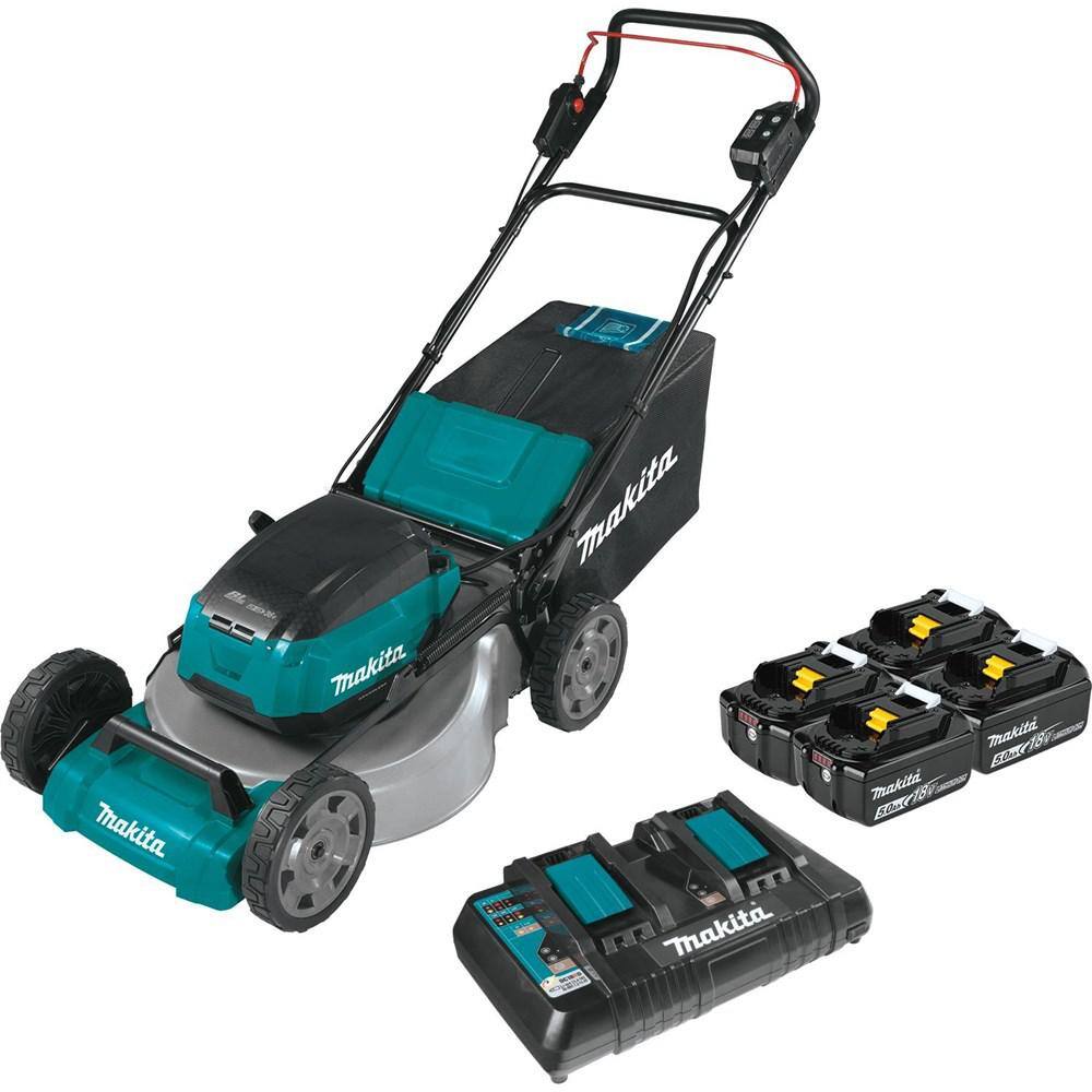 Makita 18V X2(36V) LXT Lithium-Ion Cordless 21 in. Walk Behind Lawn Mower Kit w/4 Batteries 5.0Ah with 18V Blower, Tool Only