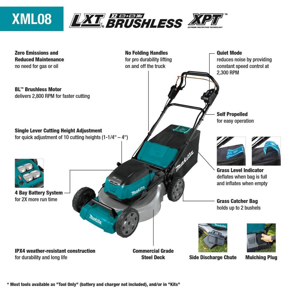 Makita 18V X2(36V) LXT Lithium-Ion Cordless 21 in. Walk Behind Lawn Mower Kit w/4 Batteries 5.0Ah with 18V Blower, Tool Only