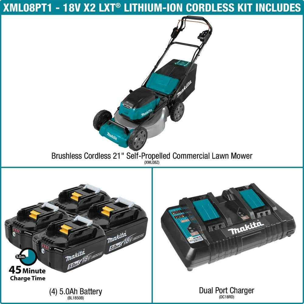 Makita 18V X2 (36V) LXT Cordless 21 in. Self-Propelled Commercial Lawn Mower, 4 Batteries (5.0Ah) & 13 in. String Trimmer
