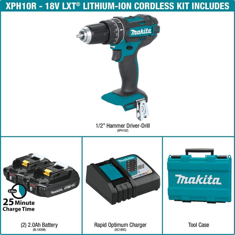 Makita 18V LXT Lithium‑Ion 1/2 in. Compact Cordless Hammer Driver‑Drill Kit with (2) 2.0Ah Batteries, Rapid Charger and Hard Case
