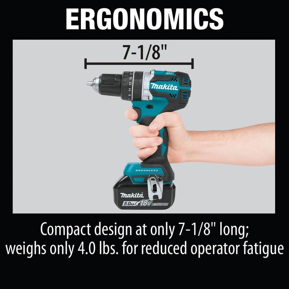 Makita 18V 5.0Ah LXT Lithium‑Ion Compact Brushless Cordless 1/2 in. Hammer Driver‑Drill Kit (XPH12T)