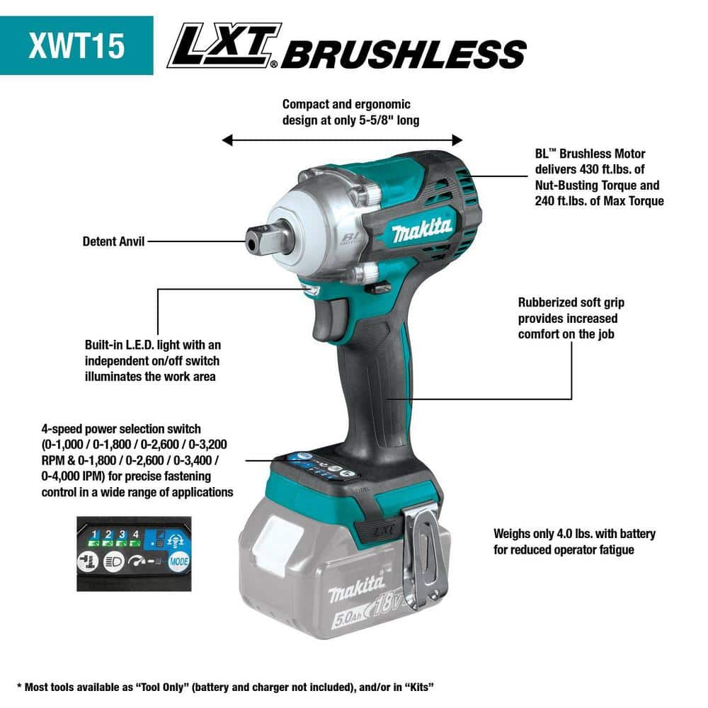 Makita 18V LXT Lithium-Ion Brushless Cordless 4-Speed 1/2 in. Impact Wrench with Detent Anvil (Tool-Only)