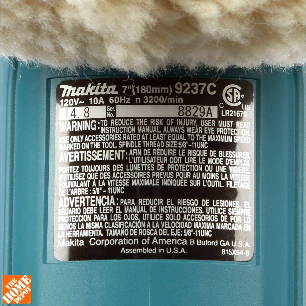 Makita 10 Amp 7 in. Corded 3,000 RPM Variable Speed Polisher with Side Handle, Wool Bonnet and 21 in. Contractor Bag
