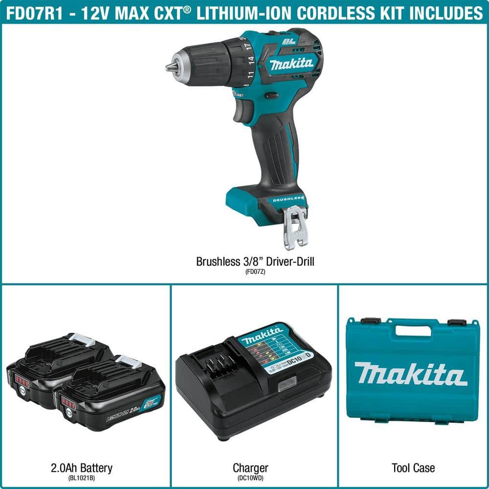 Makita 12V max CXT Lithium‑Ion 3/8 in. Brushless Cordless Driver‑Drill Kit with (2) 2.0Ah Batteries, Charger and Hard Case