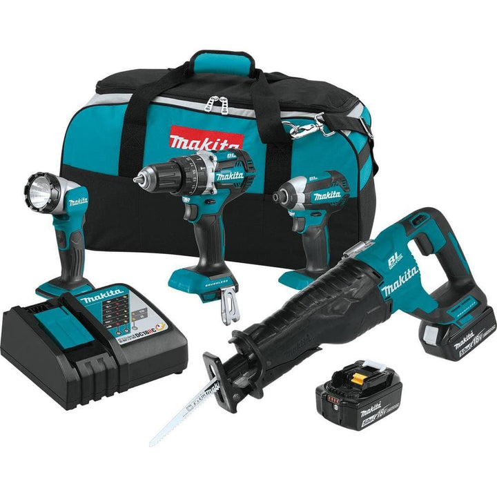 Makita XT447T 18V LXT Lithium‑Ion Brushless 4‑Piece Cordless Combo Kit with 5.0Ah Batteries (Hammer Drill, Impact Driver, Reciprocating Saw, LED Flashlight)