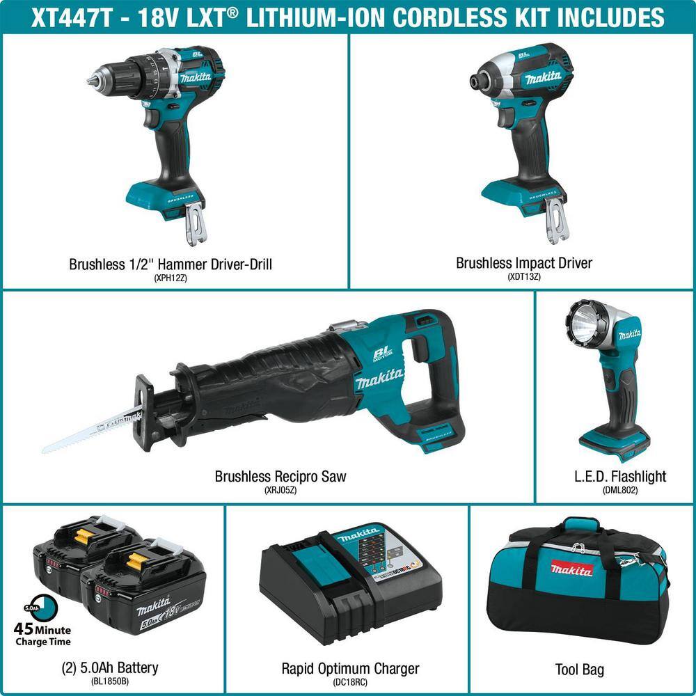 Makita XT447T 18V LXT Lithium‑Ion Brushless 4‑Piece Cordless Combo Kit with 5.0Ah Batteries (Hammer Drill, Impact Driver, Reciprocating Saw, LED Flashlight)
