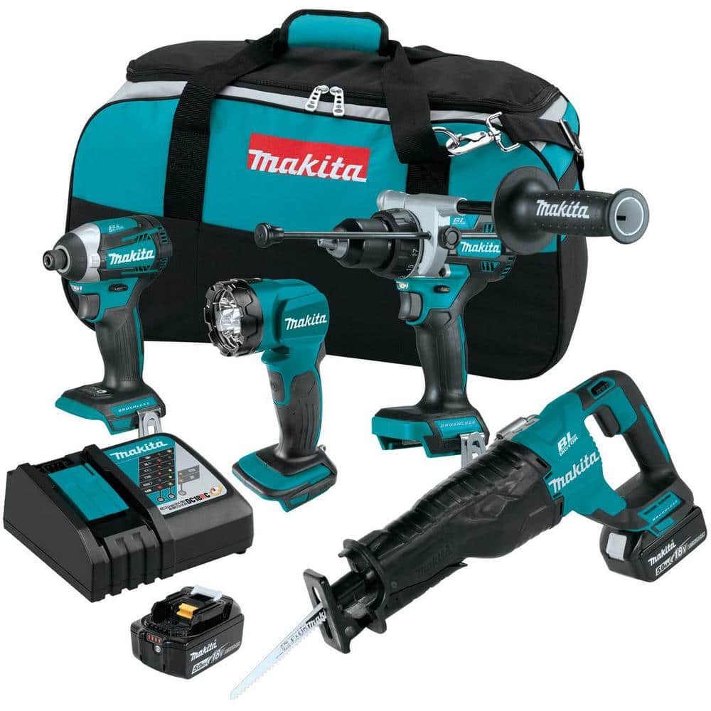 Makita 18V 5.0 Ah LXT Lithium-Ion Brushless Cordless Combo Kit (Hammer Drill/Impact Driver/Recipro Saw/Flashlight)