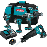 Makita 18V 5.0 Ah LXT Lithium-Ion Brushless Cordless Combo Kit (Hammer Drill/Impact Driver/Recipro Saw/Flashlight)