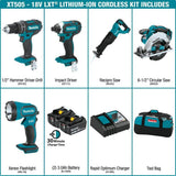 Makita 18V LXT Lithium‑Ion Cordless Combo Kit, 5‑Tool with (2) 3.0Ah Batteries, Rapid Charger and Tool Bag (XT505)