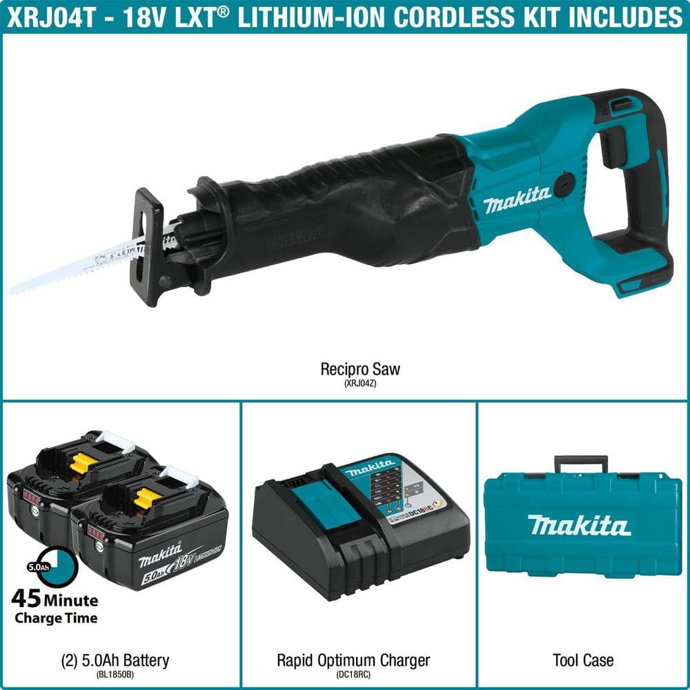 Makita 18V LXT Lithium‑Ion Cordless Reciprocating Saw Kit, 5.0Ah (XRJ04T)
