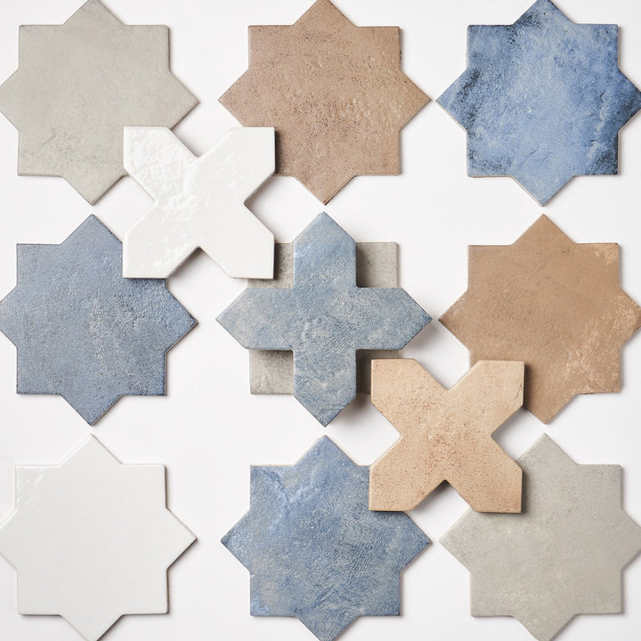 Parma Denim Blue Matte Star and White Polished Cross 6" Terracotta Look Porcelain Tile