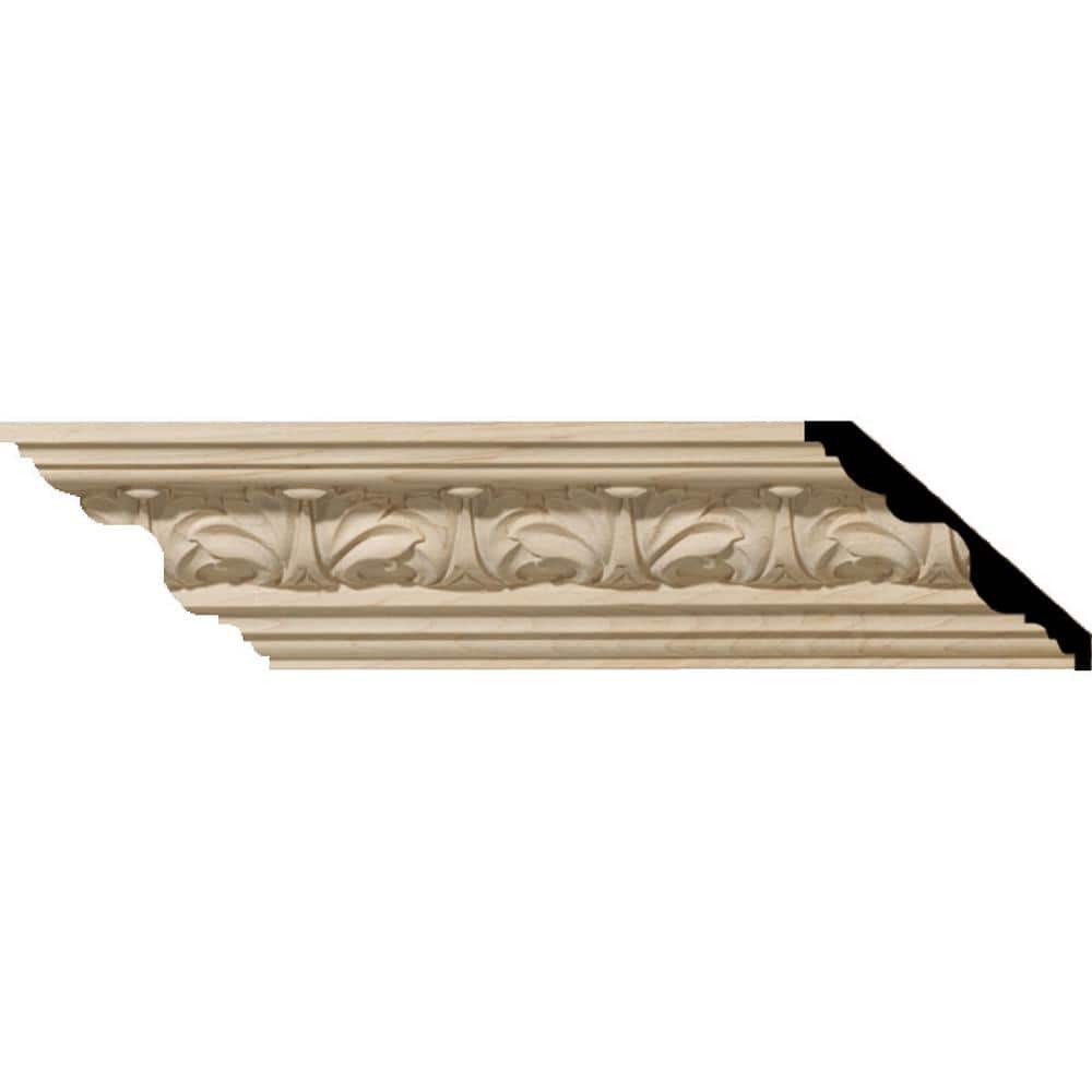 Ekena Millwork 3-5/8 in. x 94-1/2 in. x 3-1/4 in. Unfinished Wood Maple Acanthus Leaf Carved Crown Moulding