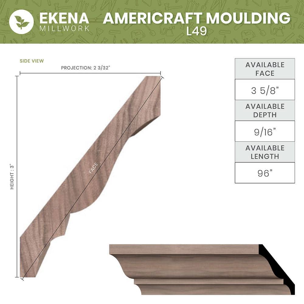 Ekena Millwork WM49 0.56 in. D x 3.63 in. W x 96 in. L Wood (Maple) Crown Molding
