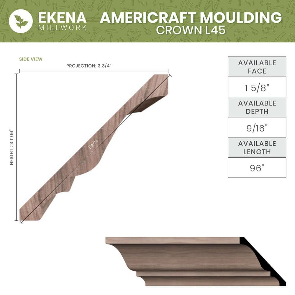 Ekena Millwork WM45 0.59 in. D x 5.25 in. W x 96 in. L Wood Maple Crown Moulding