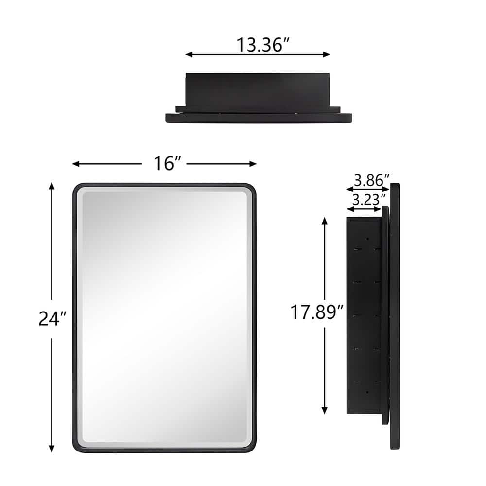 TEHOME Farmhouse 16 in. W x 24 in. H Recessed Rectangular Metal Framed Bathroom Medicine Cabinets with Mirror in Matt Black