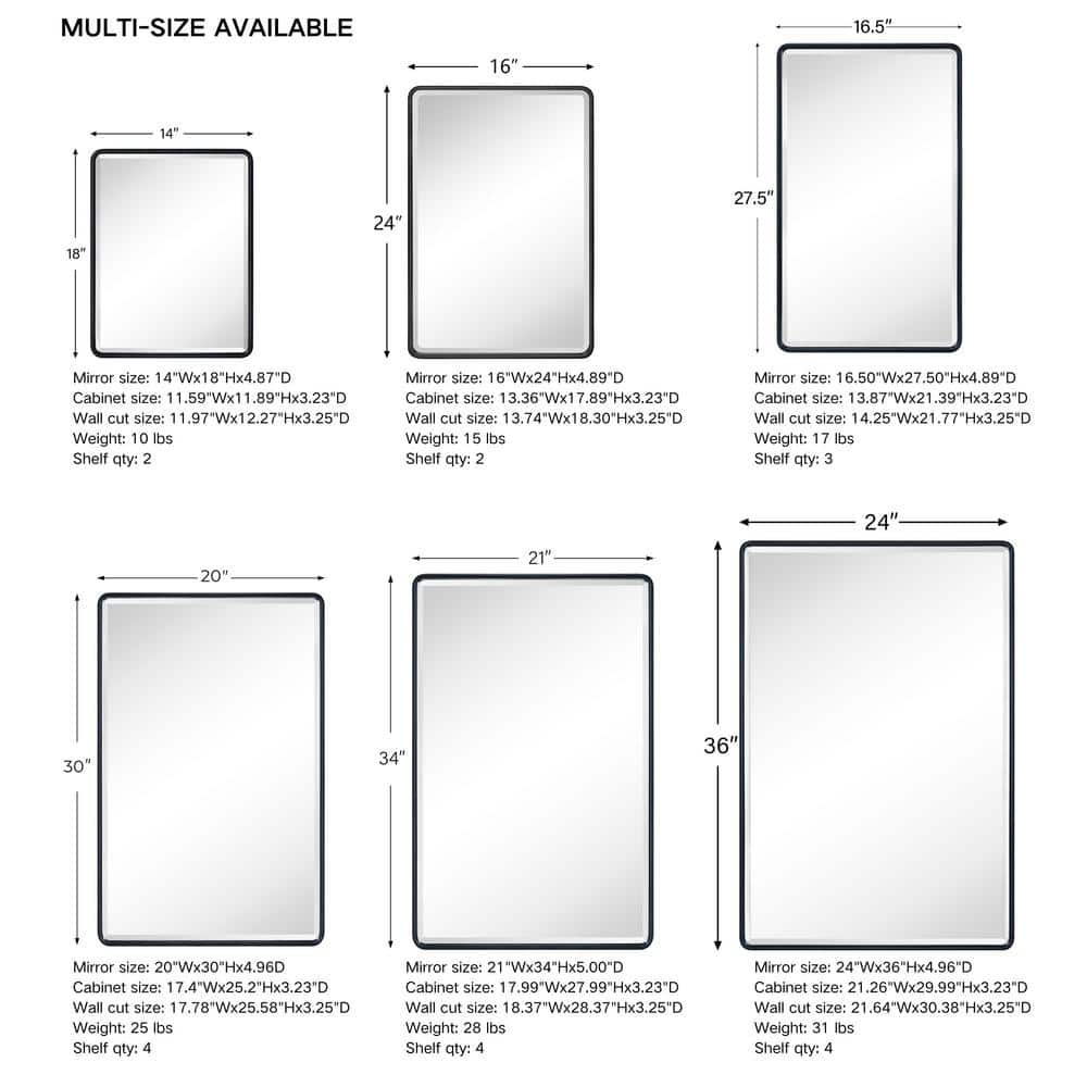 TEHOME Farmhouse 16 in. W x 24 in. H Recessed Rectangular Metal Framed Bathroom Medicine Cabinets with Mirror in Matt Black