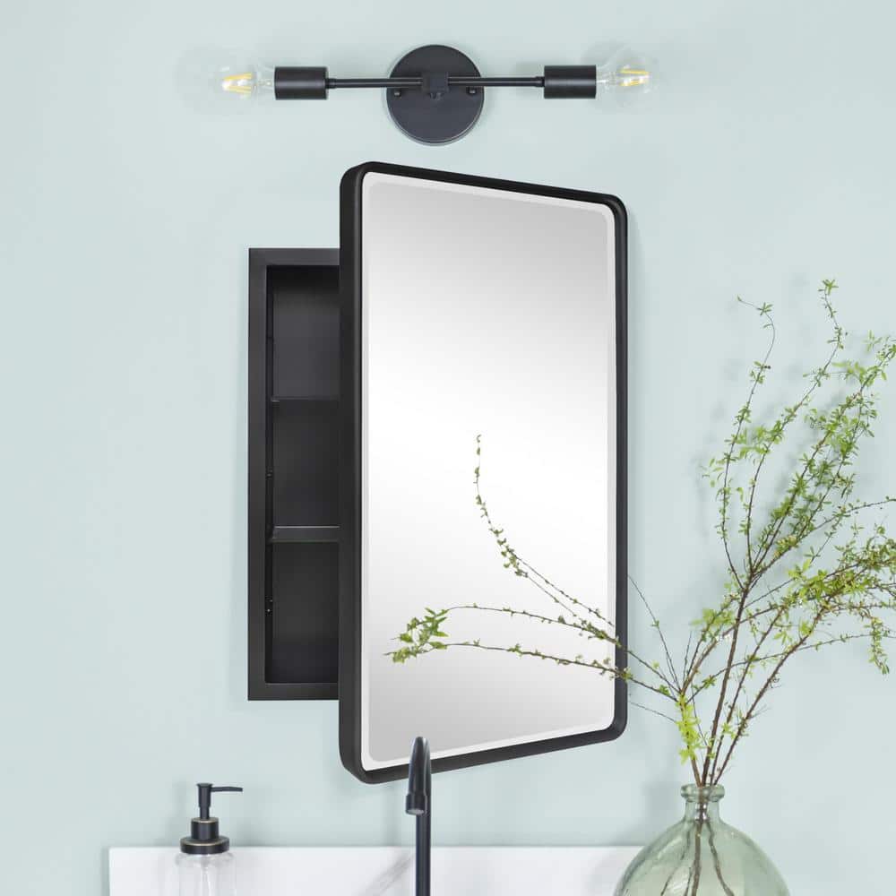 TEHOME Farmhouse 16 in. W x 24 in. H Recessed Rectangular Metal Framed Bathroom Medicine Cabinets with Mirror in Matt Black