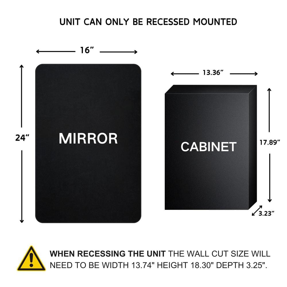 TEHOME Farmhouse 16 in. W x 24 in. H Recessed Rectangular Metal Framed Bathroom Medicine Cabinets with Mirror in Matt Black