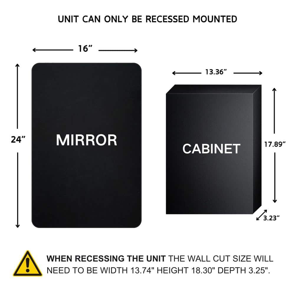 TEHOME 16 in. W x 24 in. H Rounded Rectangular Stainless Steel Recessed Framed Medicine Cabinet with Mirror in Matt Black