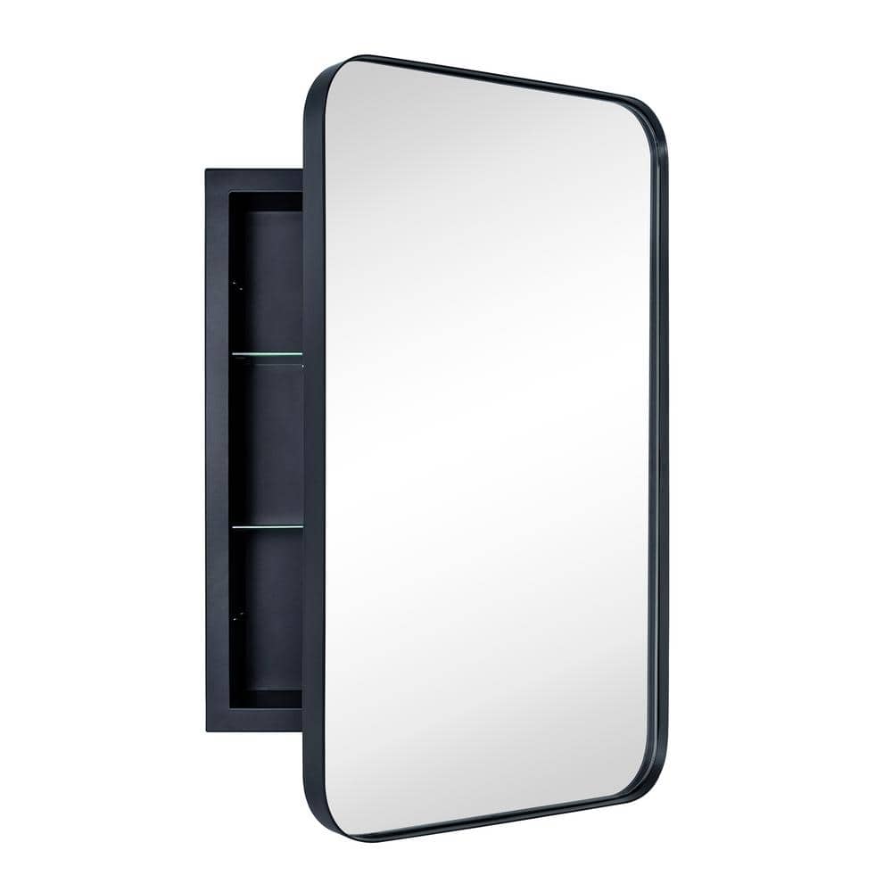 TEHOME 16 in. W x 24 in. H Rounded Rectangular Stainless Steel Recessed Framed Medicine Cabinet with Mirror in Matt Black