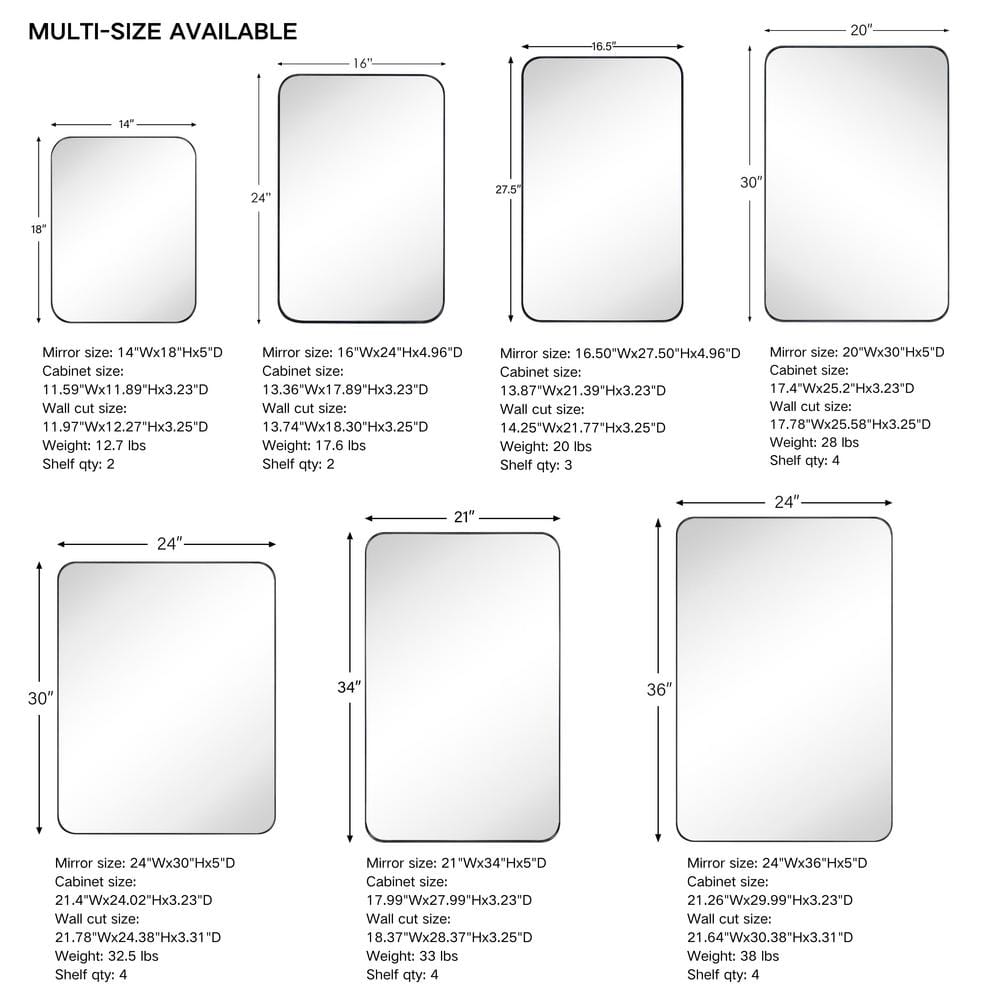 TEHOME 16 in. W x 24 in. H Rounded Rectangular Stainless Steel Recessed Framed Medicine Cabinet with Mirror in Matt Black