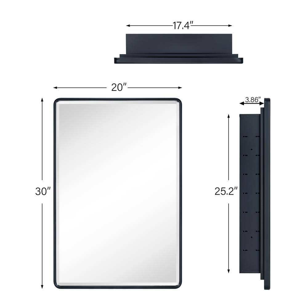 TEHOME Farmhouse 20 in. W x 30 in. H Recessed Rectangular Metal Framed Bathroom Medicine Cabinets with Mirror in Matt Black