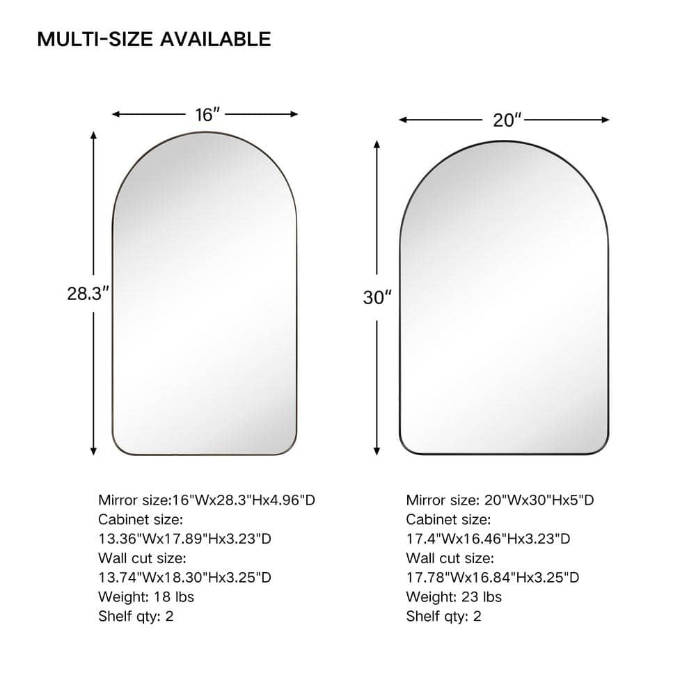 TEHOME Aristes 16 in. W x 28.3 in. H Arched Metal Framed Recessed Medicine Cabinet with Mirror for bathroom in Black