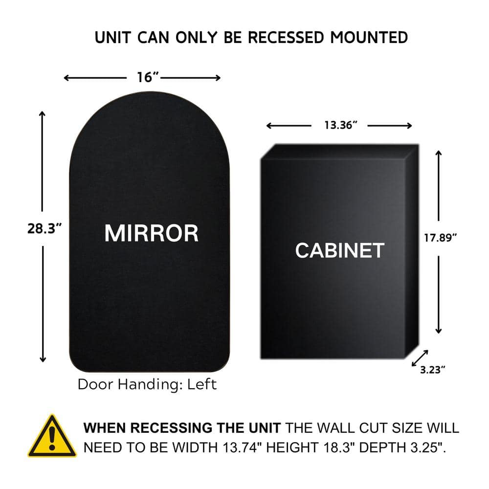 TEHOME Aristes 16 in. W x 28.3 in. H Arched Metal Framed Recessed Medicine Cabinet with Mirror for bathroom in Black