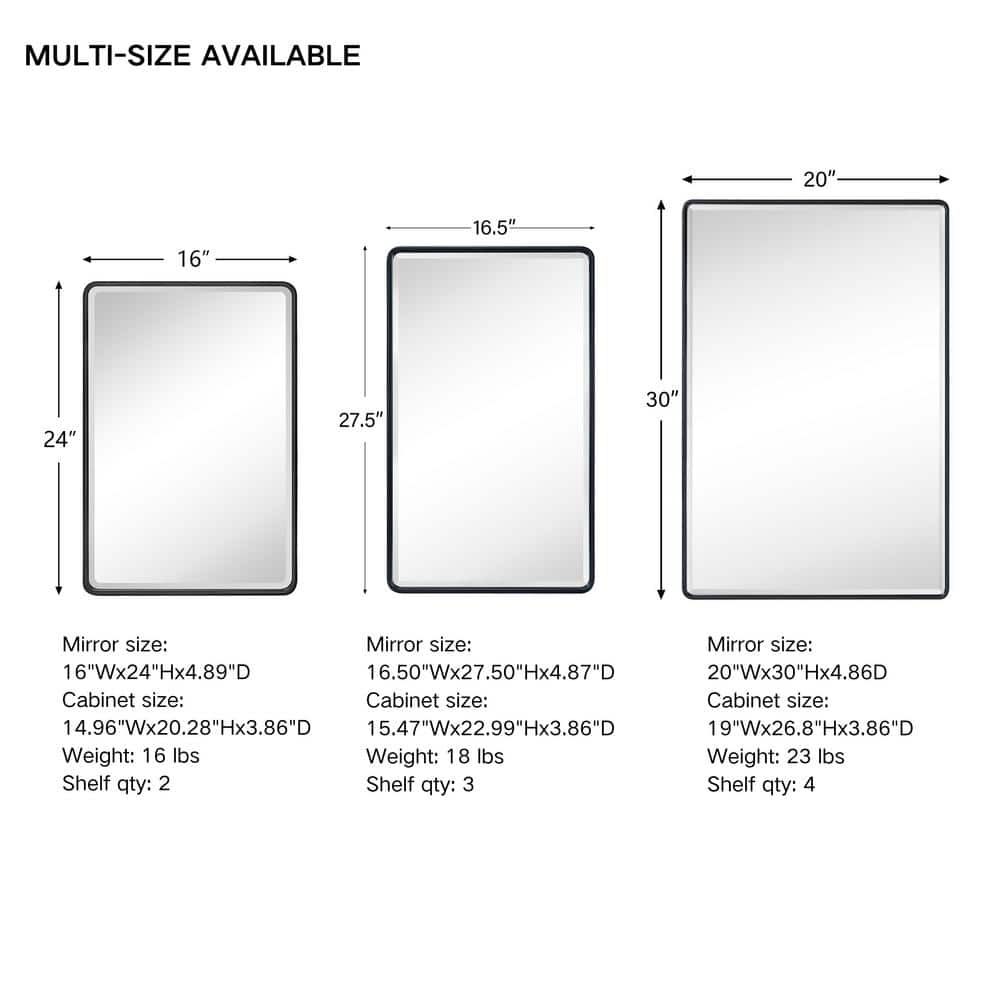 TEHOME Eldee 16 in. W x 24 in. H Surface Mount Rectangular Metal Framed Bathroom Medicine Cabinet with Mirror in Matt Black