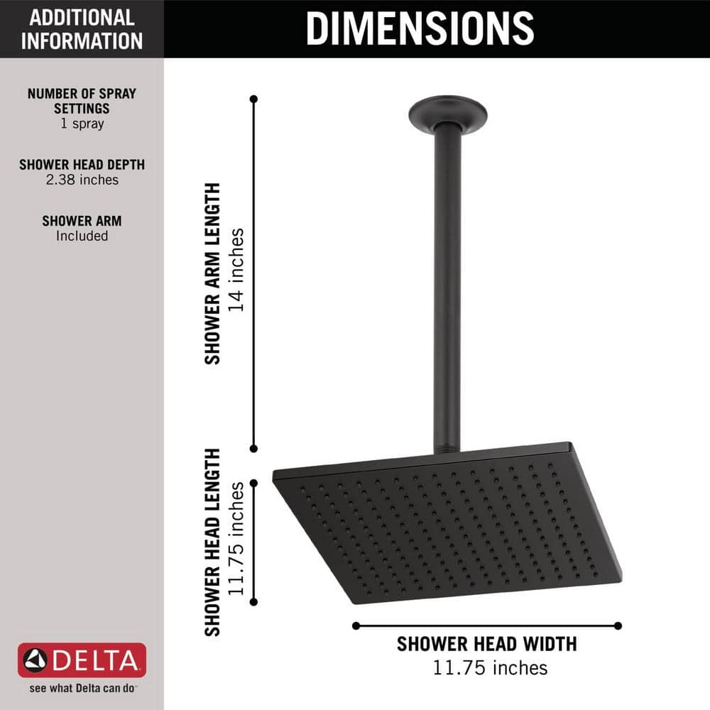 Delta 1-Spray 11.8 in. Wall-Mount Square Fixed Rain Shower Head in Matte Black
