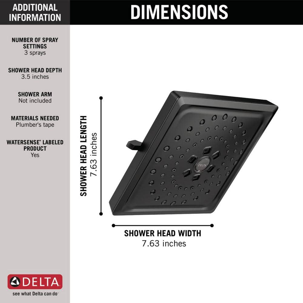 Delta 3-Spray 7.63 in. Wall-Mount Fixed Rain H2Okinetic Shower Head in Matte Black