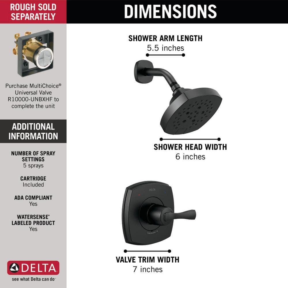 Delta Stryke Matte Black 1-Handle Shower Faucet Trim Kit, H2Okinetic, Valve Not Included