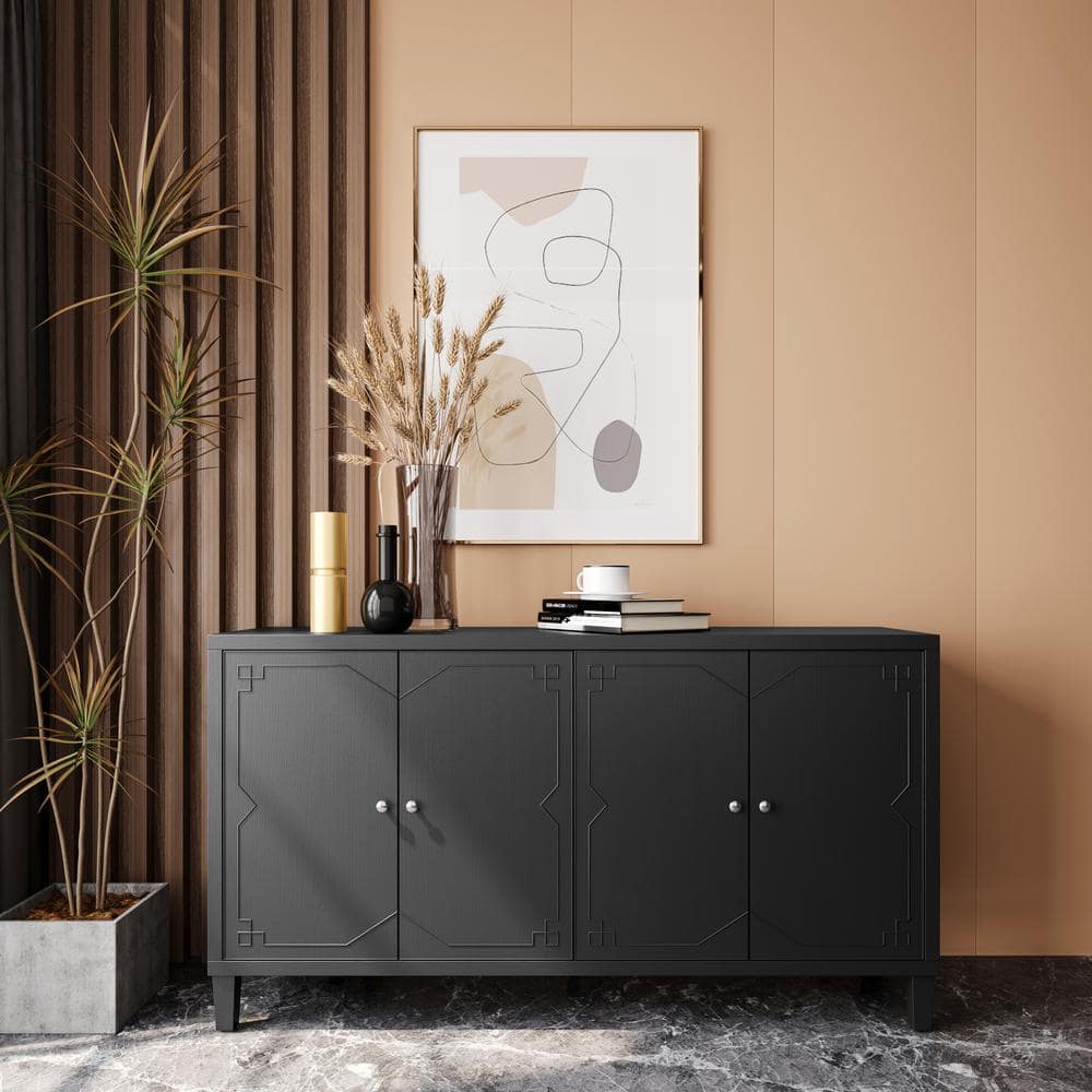 FUNKOL 59.84 in. x 15.75 in. x 31.5 in. MDF Freestanding Ready to Assemble Base Storage Cabinet in Matte Black with 4-Doors