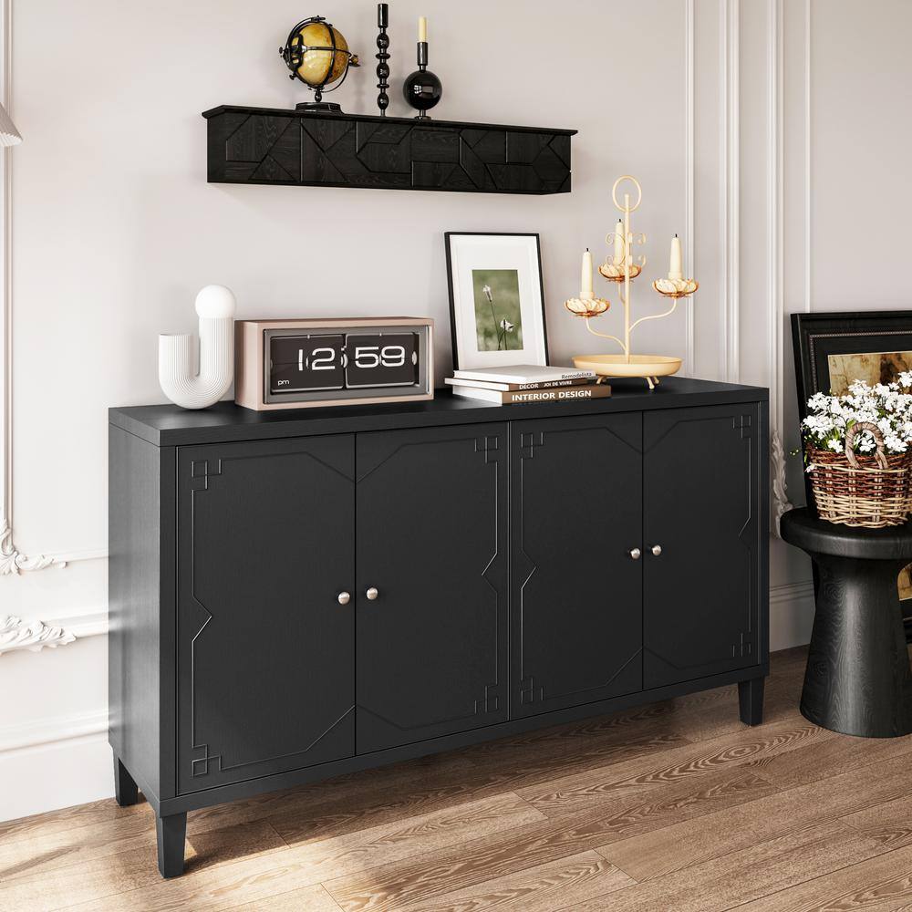 FUNKOL 59.84 in. x 15.75 in. x 31.5 in. MDF Freestanding Ready to Assemble Base Storage Cabinet in Matte Black with 4-Doors