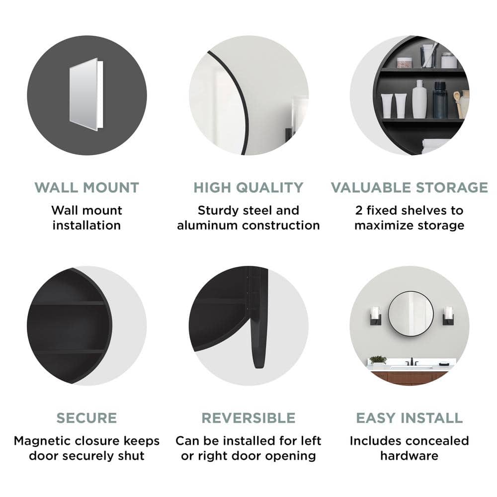 Glacier Bay 23.6 in. W x 23.6 in. H Round Matte Black Medicine Cabinet with Mirror
