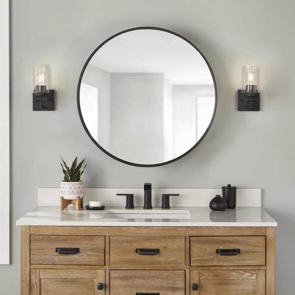 Glacier Bay 30 in. W x 30 in. H Round Matte Black Medicine Cabinet with Mirror