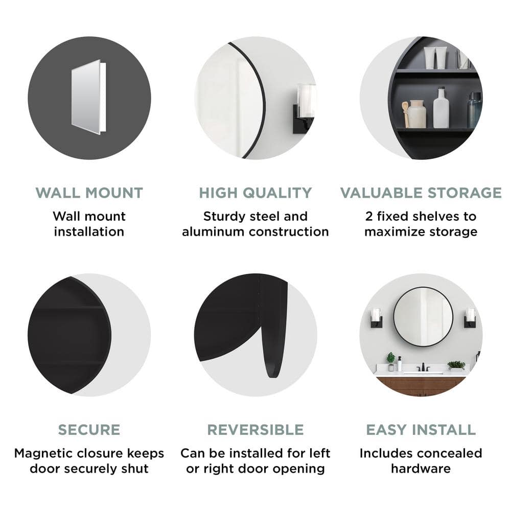 Glacier Bay 30 in. W x 30 in. H Round Matte Black Medicine Cabinet with Mirror