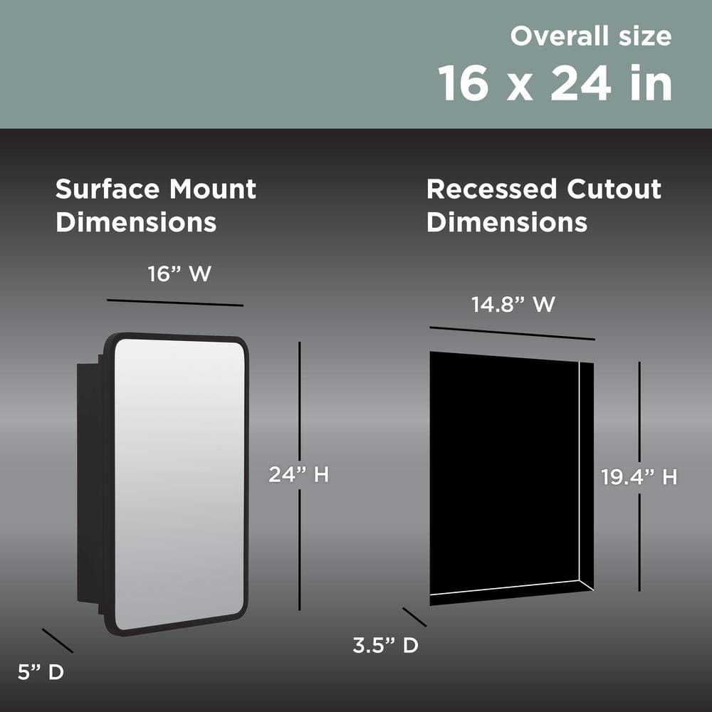 Glacier Bay 16 in. W x 24 in. H Rounded Corner Rectangular Matte Black Medicine Cabinet with Mirror