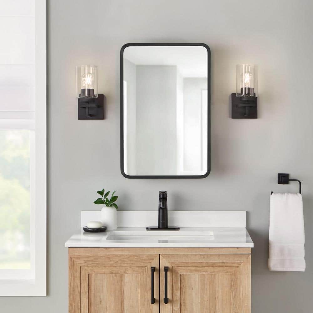 Glacier Bay 16 in. W x 24 in. H Rounded Corner Rectangular Matte Black Medicine Cabinet with Mirror