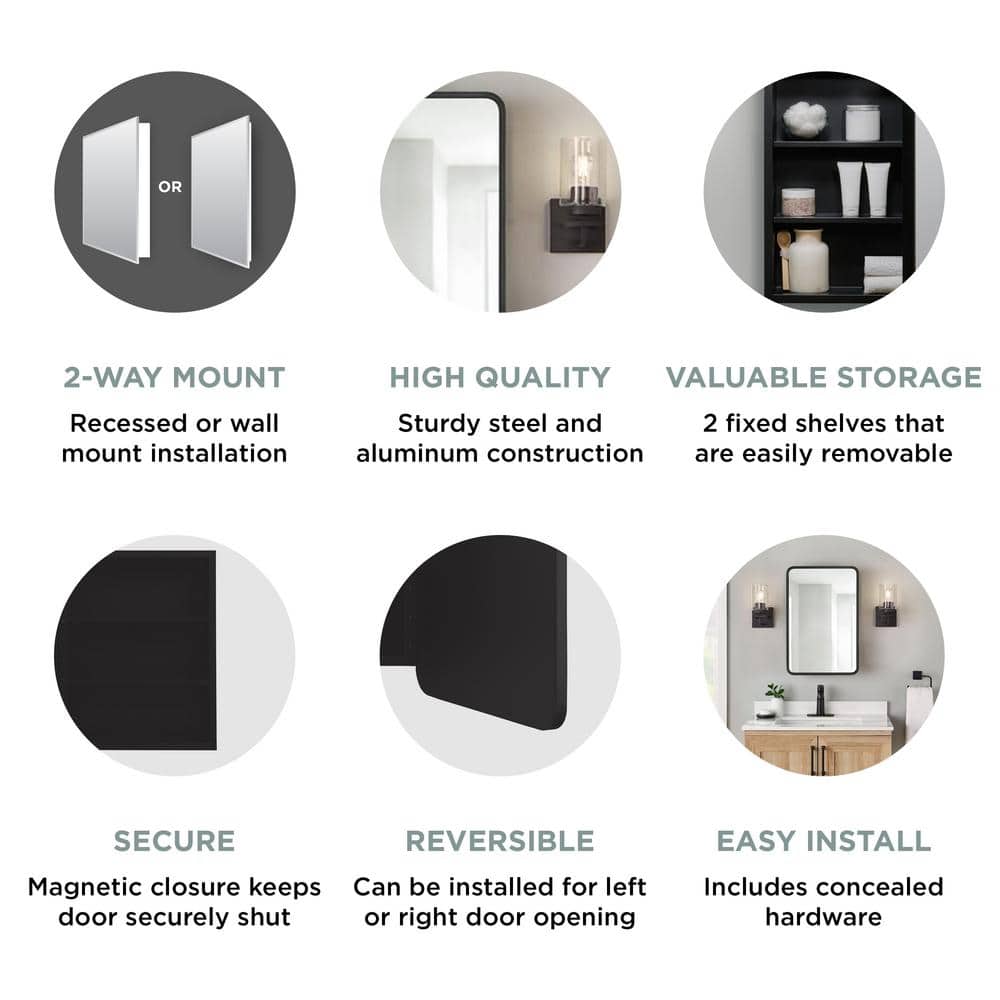 Glacier Bay 16 in. W x 24 in. H Rounded Corner Rectangular Matte Black Medicine Cabinet with Mirror