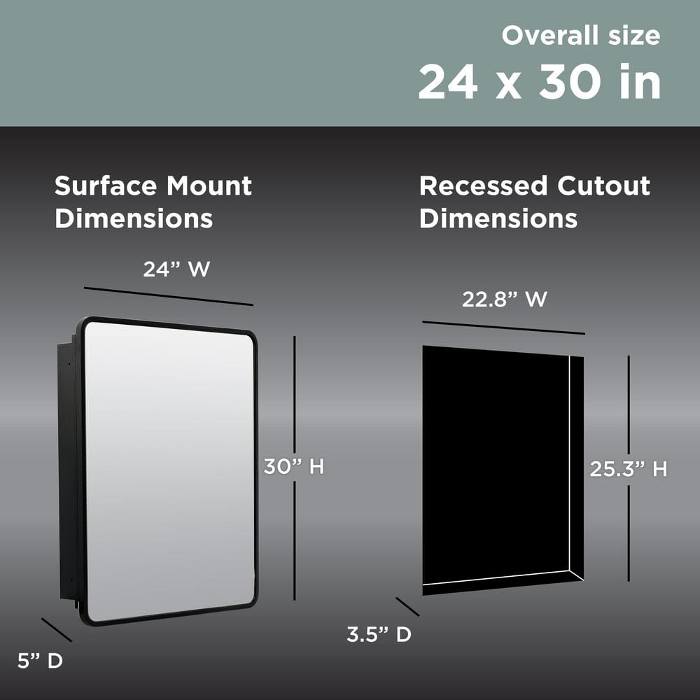 Glacier Bay 24 in. W x 30 in. H Rounded Corner Rectangular Matte Black Medicine Cabinet with Mirror