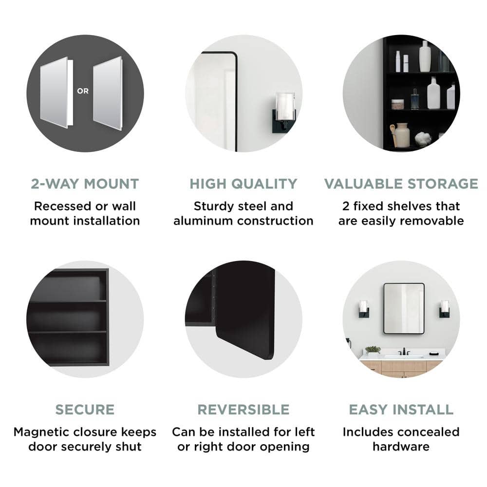 Glacier Bay 24 in. W x 30 in. H Rounded Corner Rectangular Matte Black Medicine Cabinet with Mirror