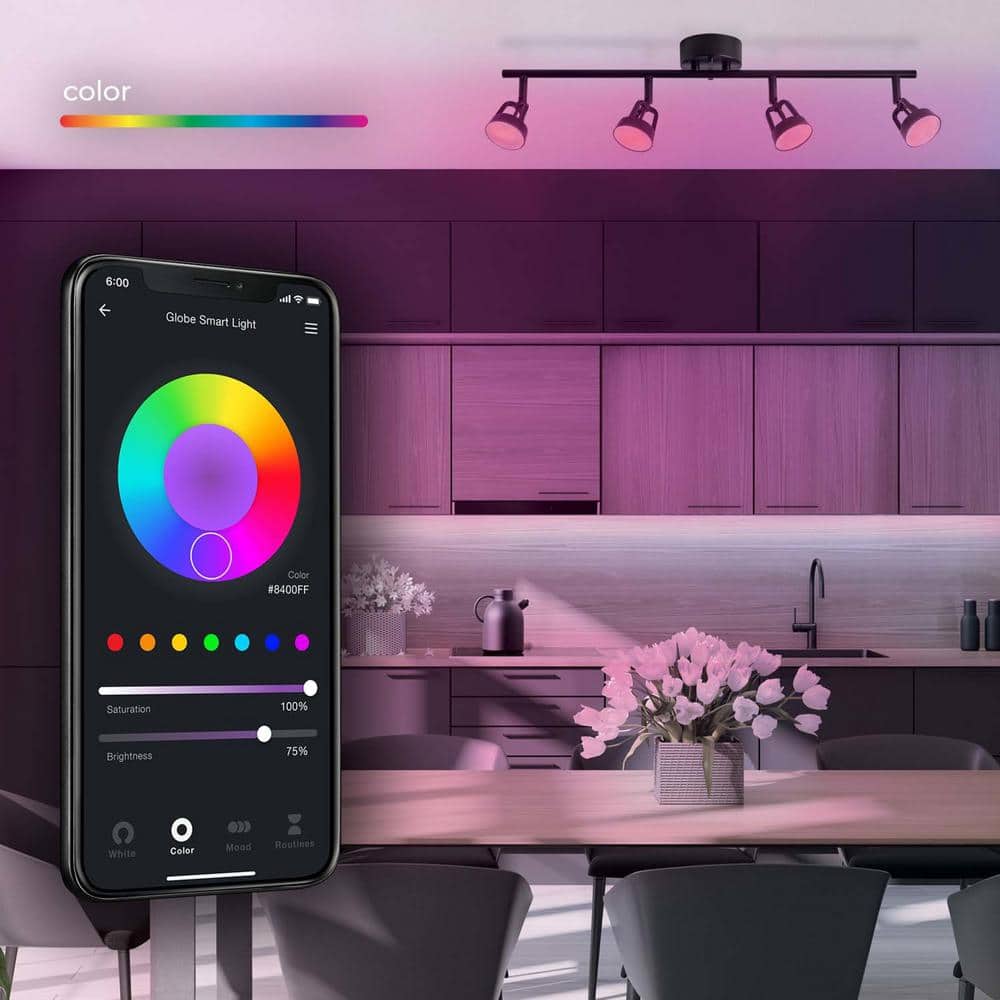 Globe Electric Wi-Fi Smart 2 ft. 4-Light Matte Black Integrated LED Fixed Track Lighting Kit, Color Changing Tunable White